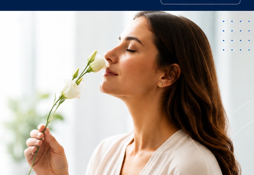 Pessoa percebendo o aroma de uma flor